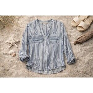 Lucky Brand Blue & White Striped Button-Up Blouse | V-Neck | S/P